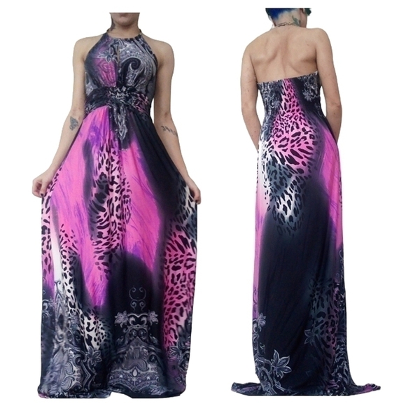 Vintage Y2K Halter Maxi Dress Pink Leopard Medium - Picture 2 of 11